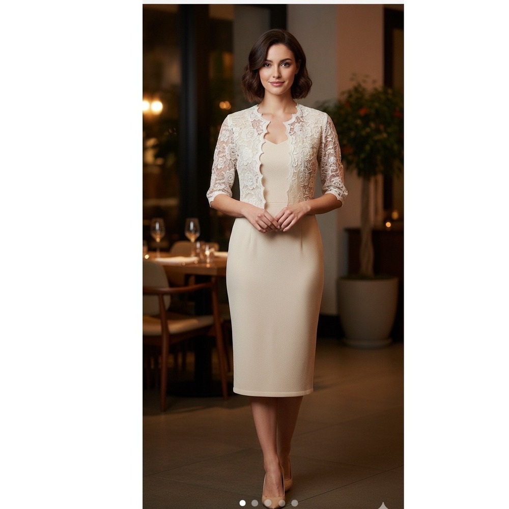 Talk of the Walk Sheath Dress Lace Bolero‎ Set Womens Medium Cream Vintage
